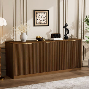 English Elm 67-Inch Wavy Sculptural Sideboard Six Door Walnut Credenza for Modern Living Rooms W1162P485247