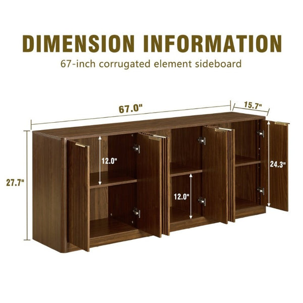 English Elm 67-Inch Wavy Sculptural Sideboard Six Door Walnut Credenza for Modern Living Rooms W1162P485247