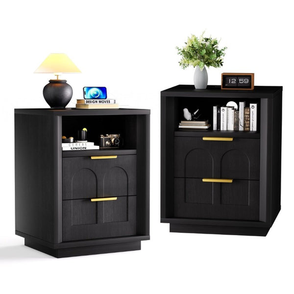 English Elm Large Mid-Century Modern 2-Drawer Nightstand Set with Built-In USB-C Charging Hub Black W1162P487827