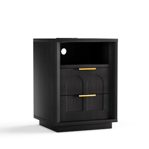 English Elm Large Mid-Century Modern 2-Drawer Nightstand Set with Built-In USB-C Charging Hub Black W1162P487827