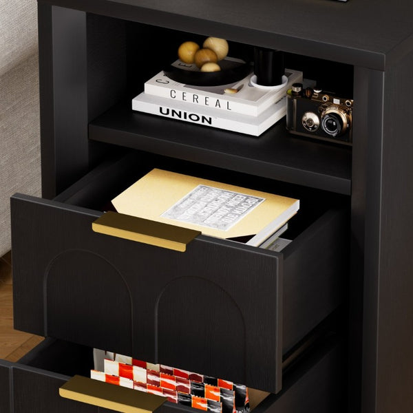 English Elm Large Mid-Century Modern 2-Drawer Nightstand Set with Built-In USB-C Charging Hub Black W1162P487827