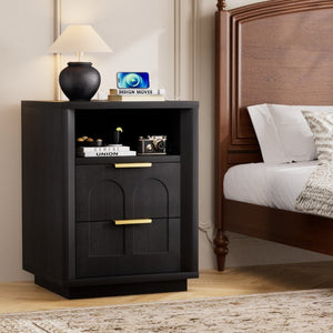 English Elm Large Mid-Century Modern 2-Drawer Nightstand Set with Built-In USB-C Charging Hub Black W1162P487827