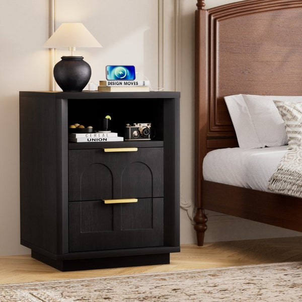 English Elm Large Mid-Century Modern 2-Drawer Nightstand Set with Built-In USB-C Charging Hub Black W1162P487827
