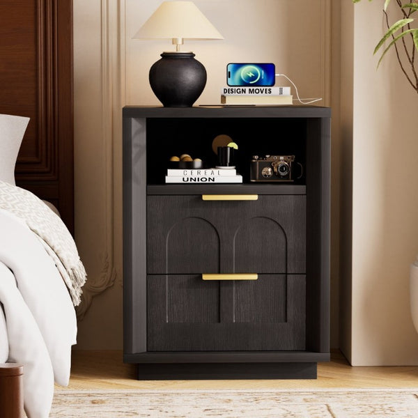 English Elm Large Mid-Century Modern 2-Drawer Nightstand Set with Built-In USB-C Charging Hub Black W1162P487827