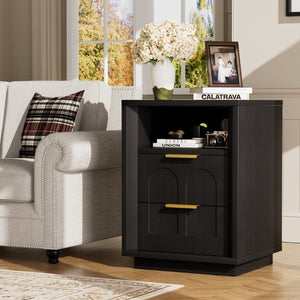 English Elm Large Mid-Century Modern 2-Drawer Nightstand Set with Built-In USB-C Charging Hub Black W1162P487827