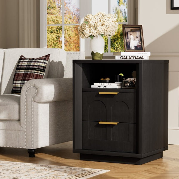 English Elm Large Mid-Century Modern 2-Drawer Nightstand Set with Built-In USB-C Charging Hub Black W1162P487827