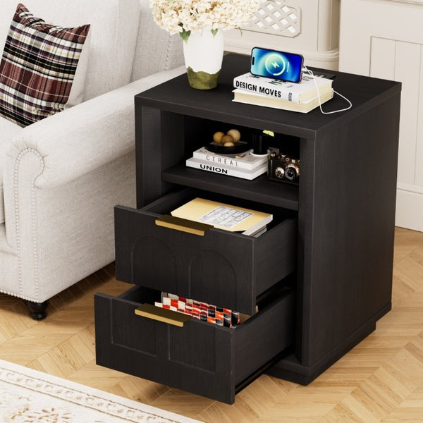 English Elm Large Mid-Century Modern 2-Drawer Nightstand Set with Built-In USB-C Charging Hub Black W1162P487827