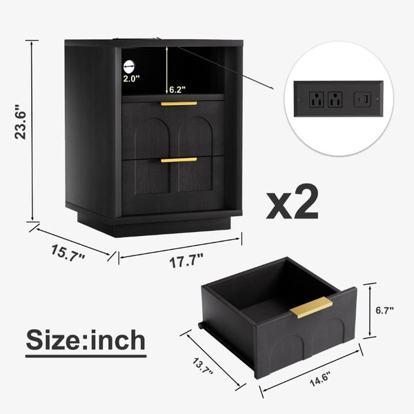 English Elm Large Mid-Century Modern 2-Drawer Nightstand Set with Built-In USB-C Charging Hub Black W1162P487827
