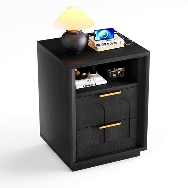 English Elm Large Mid-Century Modern 2-Drawer Nightstand Set with Built-In USB-C Charging Hub Black W1162P487827