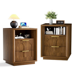 English Elm Large Mid-Century Modern 2-Drawer Nightstand Set with Built-In USB-C Charging Hub Walnut W1162P487828