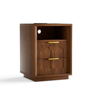 English Elm Large Mid-Century Modern 2-Drawer Nightstand Set with Built-In USB-C Charging Hub Walnut W1162P487828