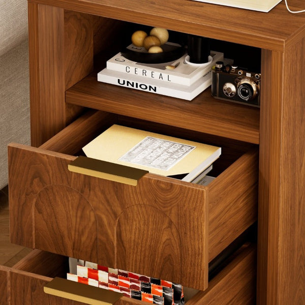 English Elm Large Mid-Century Modern 2-Drawer Nightstand Set with Built-In USB-C Charging Hub Walnut W1162P487828