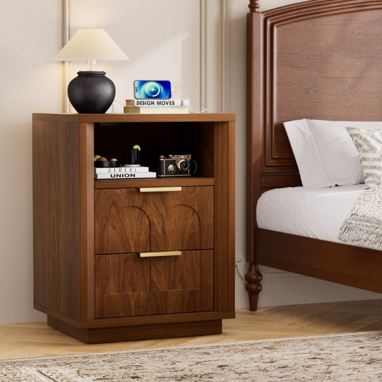 English Elm Large Mid-Century Modern 2-Drawer Nightstand Set with Built-In USB-C Charging Hub Walnut W1162P487828