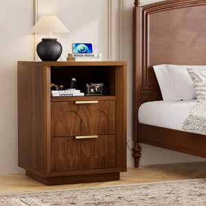 English Elm Large Mid-Century Modern 2-Drawer Nightstand Set with Built-In USB-C Charging Hub Walnut W1162P487828