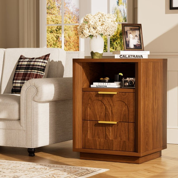 English Elm Large Mid-Century Modern 2-Drawer Nightstand Set with Built-In USB-C Charging Hub Walnut W1162P487828