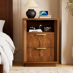English Elm Large Mid-Century Modern 2-Drawer Nightstand Set with Built-In USB-C Charging Hub Walnut W1162P487828