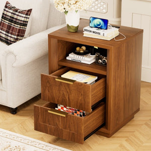 English Elm Large Mid-Century Modern 2-Drawer Nightstand Set with Built-In USB-C Charging Hub Walnut W1162P487828