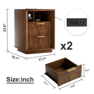 English Elm Large Mid-Century Modern 2-Drawer Nightstand Set with Built-In USB-C Charging Hub Walnut W1162P487828