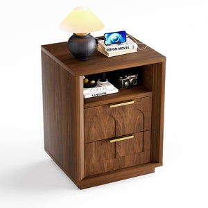 English Elm Large Mid-Century Modern 2-Drawer Nightstand Set with Built-In USB-C Charging Hub Walnut W1162P487828