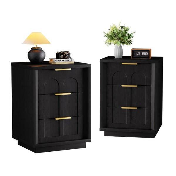 English Elm Two-Piece Matching Nightstand Set with Arched Drawers Gold Handles Mid-Century Modern Black W1162P487829