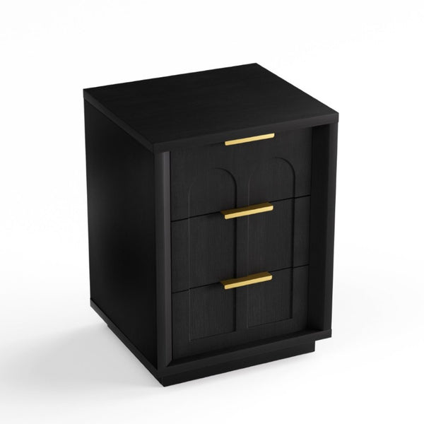 English Elm Two-Piece Matching Nightstand Set with Arched Drawers Gold Handles Mid-Century Modern Black W1162P487829