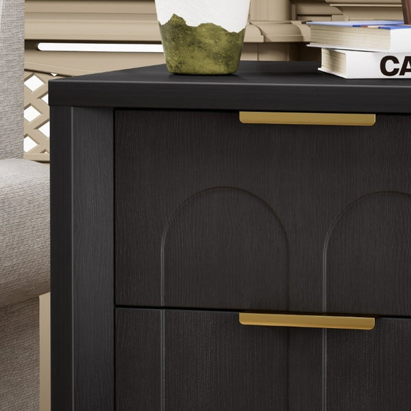 English Elm Two-Piece Matching Nightstand Set with Arched Drawers Gold Handles Mid-Century Modern Black W1162P487829