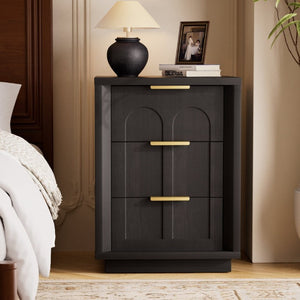 English Elm Two-Piece Matching Nightstand Set with Arched Drawers Gold Handles Mid-Century Modern Black W1162P487829