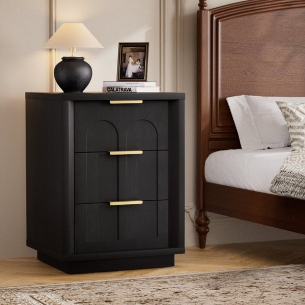 English Elm Two-Piece Matching Nightstand Set with Arched Drawers Gold Handles Mid-Century Modern Black W1162P487829