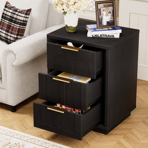 English Elm Two-Piece Matching Nightstand Set with Arched Drawers Gold Handles Mid-Century Modern Black W1162P487829