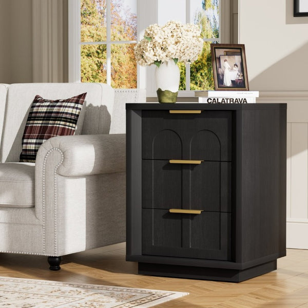 English Elm Two-Piece Matching Nightstand Set with Arched Drawers Gold Handles Mid-Century Modern Black W1162P487829