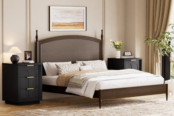 English Elm Two-Piece Matching Nightstand Set with Arched Drawers Gold Handles Mid-Century Modern Black W1162P487829