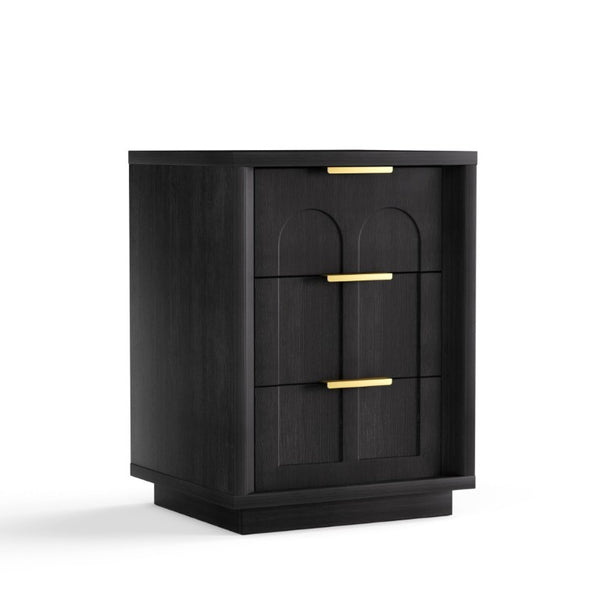 English Elm Two-Piece Matching Nightstand Set with Arched Drawers Gold Handles Mid-Century Modern Black W1162P487829