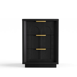 English Elm Two-Piece Matching Nightstand Set with Arched Drawers Gold Handles Mid-Century Modern Black W1162P487829