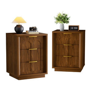 English Elm Two-Piece Matching Nightstand Set with Arched Drawers Gold Handles Mid-Century Modern Walnut W1162P487830