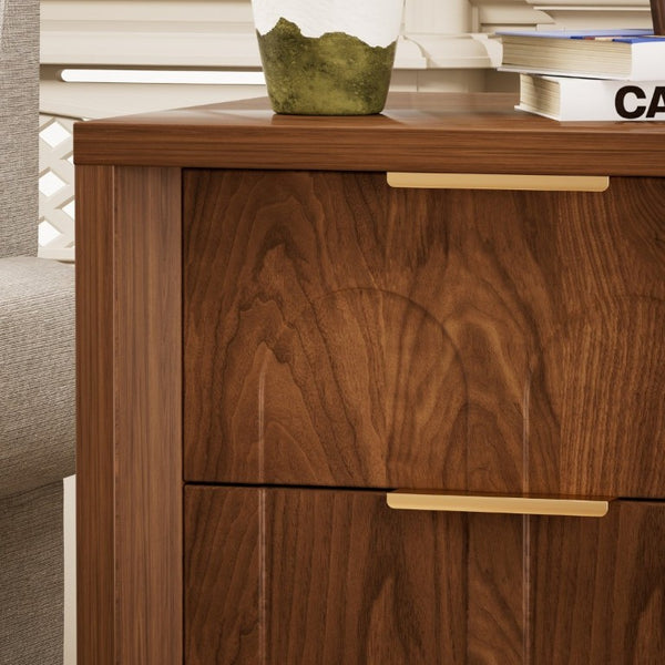 English Elm Two-Piece Matching Nightstand Set with Arched Drawers Gold Handles Mid-Century Modern Walnut W1162P487830