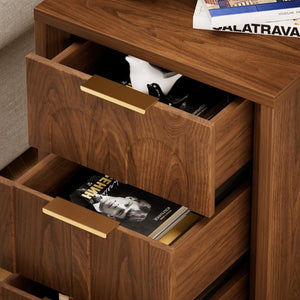 English Elm Two-Piece Matching Nightstand Set with Arched Drawers Gold Handles Mid-Century Modern Walnut W1162P487830