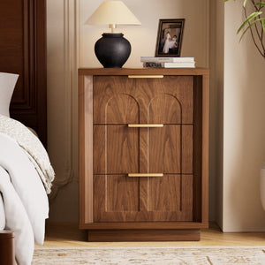 English Elm Two-Piece Matching Nightstand Set with Arched Drawers Gold Handles Mid-Century Modern Walnut W1162P487830