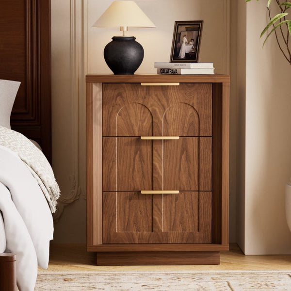 English Elm Two-Piece Matching Nightstand Set with Arched Drawers Gold Handles Mid-Century Modern Walnut W1162P487830