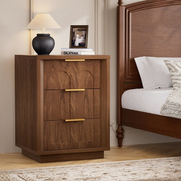 English Elm Two-Piece Matching Nightstand Set with Arched Drawers Gold Handles Mid-Century Modern Walnut W1162P487830