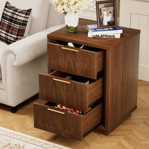 English Elm Two-Piece Matching Nightstand Set with Arched Drawers Gold Handles Mid-Century Modern Walnut W1162P487830