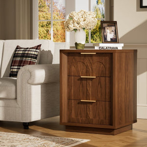 English Elm Two-Piece Matching Nightstand Set with Arched Drawers Gold Handles Mid-Century Modern Walnut W1162P487830