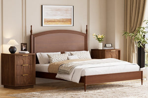 English Elm Two-Piece Matching Nightstand Set with Arched Drawers Gold Handles Mid-Century Modern Walnut W1162P487830