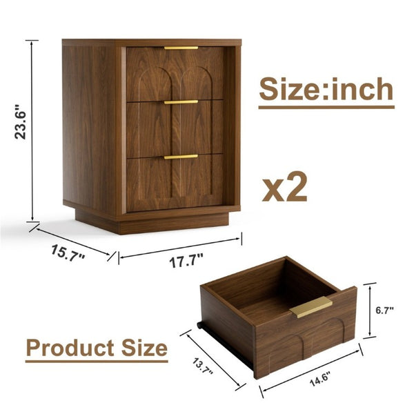 English Elm Two-Piece Matching Nightstand Set with Arched Drawers Gold Handles Mid-Century Modern Walnut W1162P487830