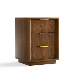 English Elm Two-Piece Matching Nightstand Set with Arched Drawers Gold Handles Mid-Century Modern Walnut W1162P487830