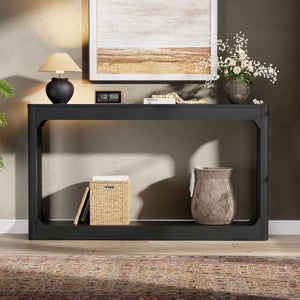 English Elm 55.1-inch Curved Leg Console Table Slim Matte Engineered Wood Entryway Sofa Accent Black W1162P487831