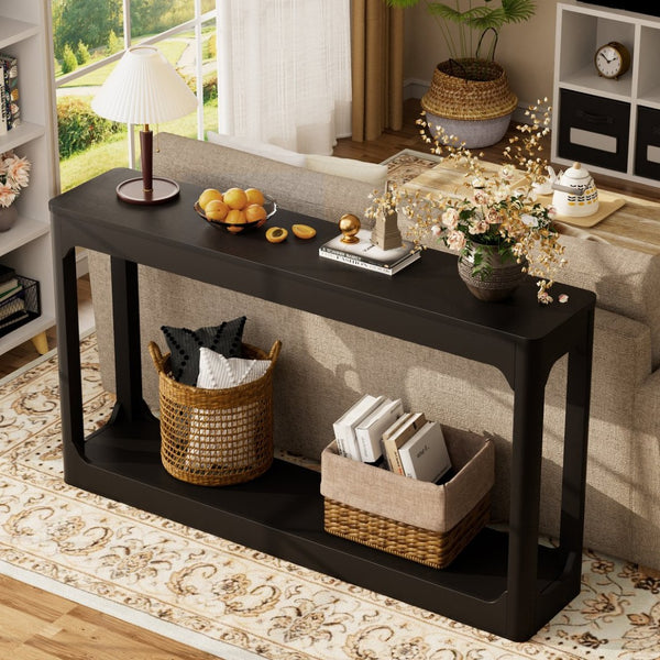 English Elm 55.1-inch Curved Leg Console Table Slim Matte Engineered Wood Entryway Sofa Accent Black W1162P487831