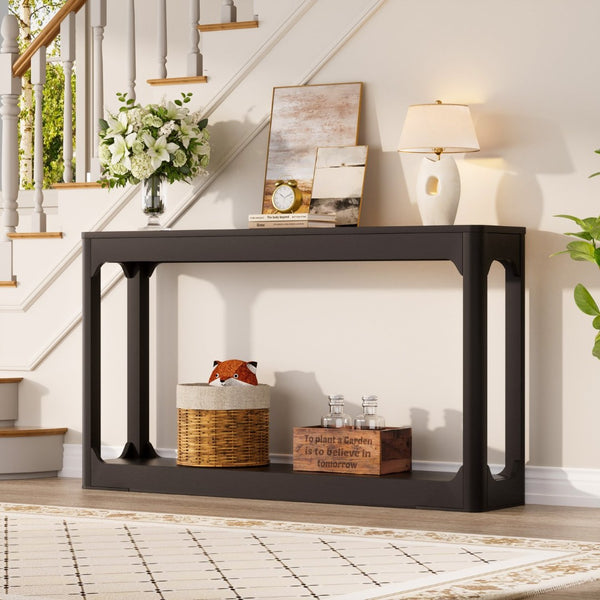English Elm 55.1-inch Curved Leg Console Table Slim Matte Engineered Wood Entryway Sofa Accent Black W1162P487831
