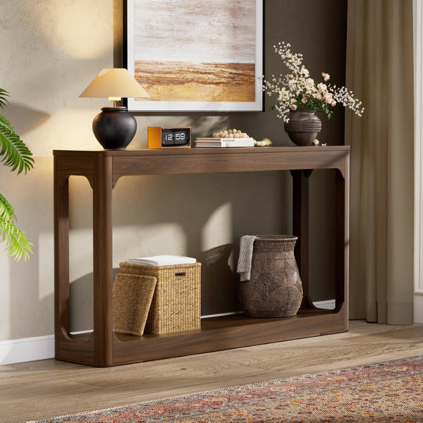 English Elm 55.1-inch Curved Leg Console Table Slim Matte Engineered Wood Entryway Sofa Accent Walnut W1162P487832