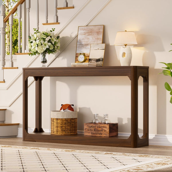 English Elm 55.1-inch Curved Leg Console Table Slim Matte Engineered Wood Entryway Sofa Accent Walnut W1162P487832