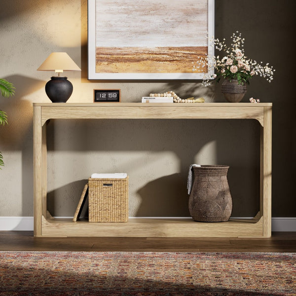 English Elm 55.1-inch Curved Leg Console Table Slim Matte Engineered Wood Entryway Sofa Accent Natural W1162P487833